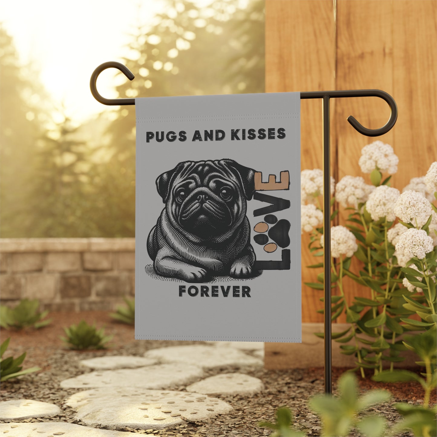 Pug Love Garden Banner, Outdoor Pet Decor, Dog Lover Gift, Dog-Themed Garden Flag, Cute Home & Garden Sign, Pugs and Kisses Decor - Iron Phoenix GHG