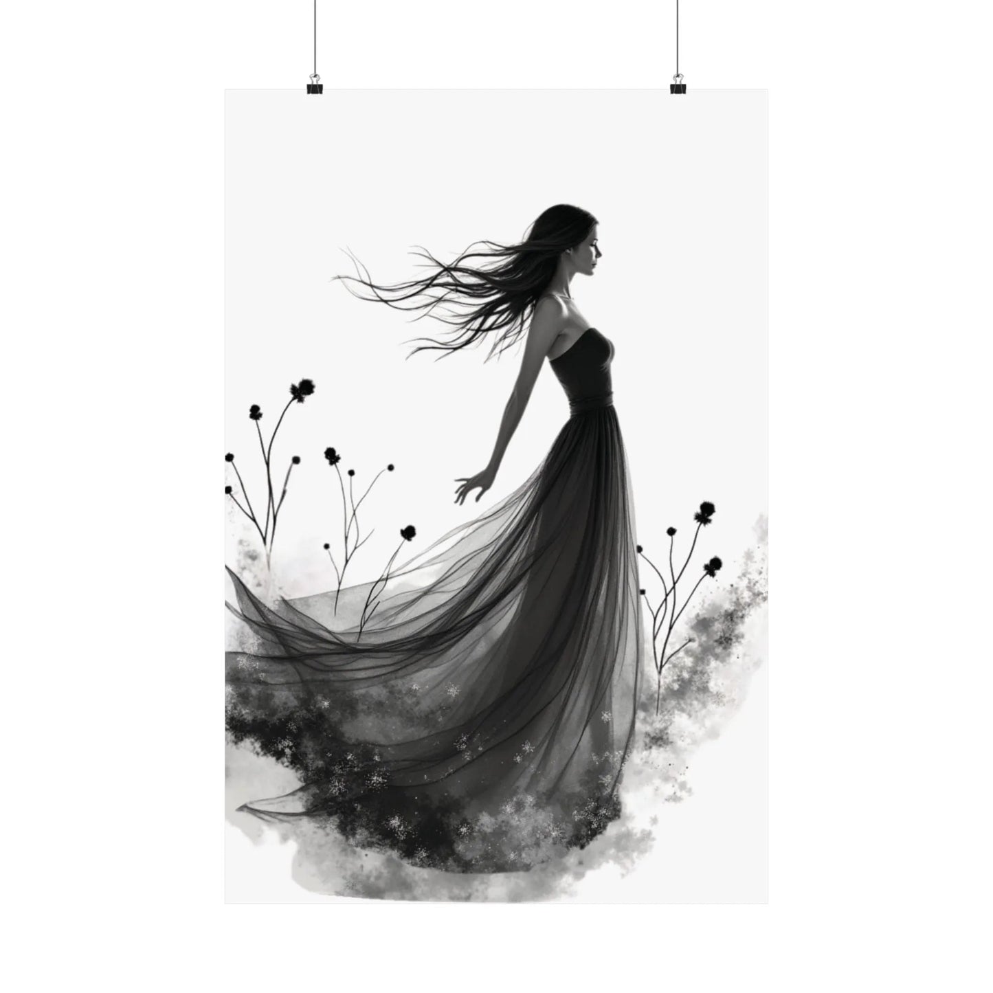 "Whispers of the Wind" - Elegant Black & White Satin Art Print - Wall Art - Iron Phoenix GHG
