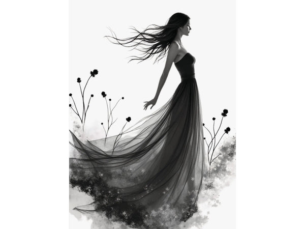 "Whispers of the Wind" - Elegant Black & White Satin Art Print - Wall Art - Iron Phoenix GHG
