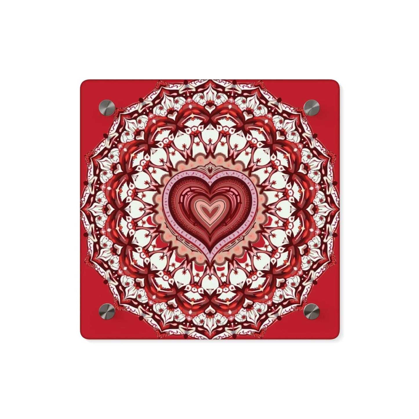 Red Heart Mandala Acrylic Wall Art Panels - Vibrant Home Decor - Iron Phoenix GHG