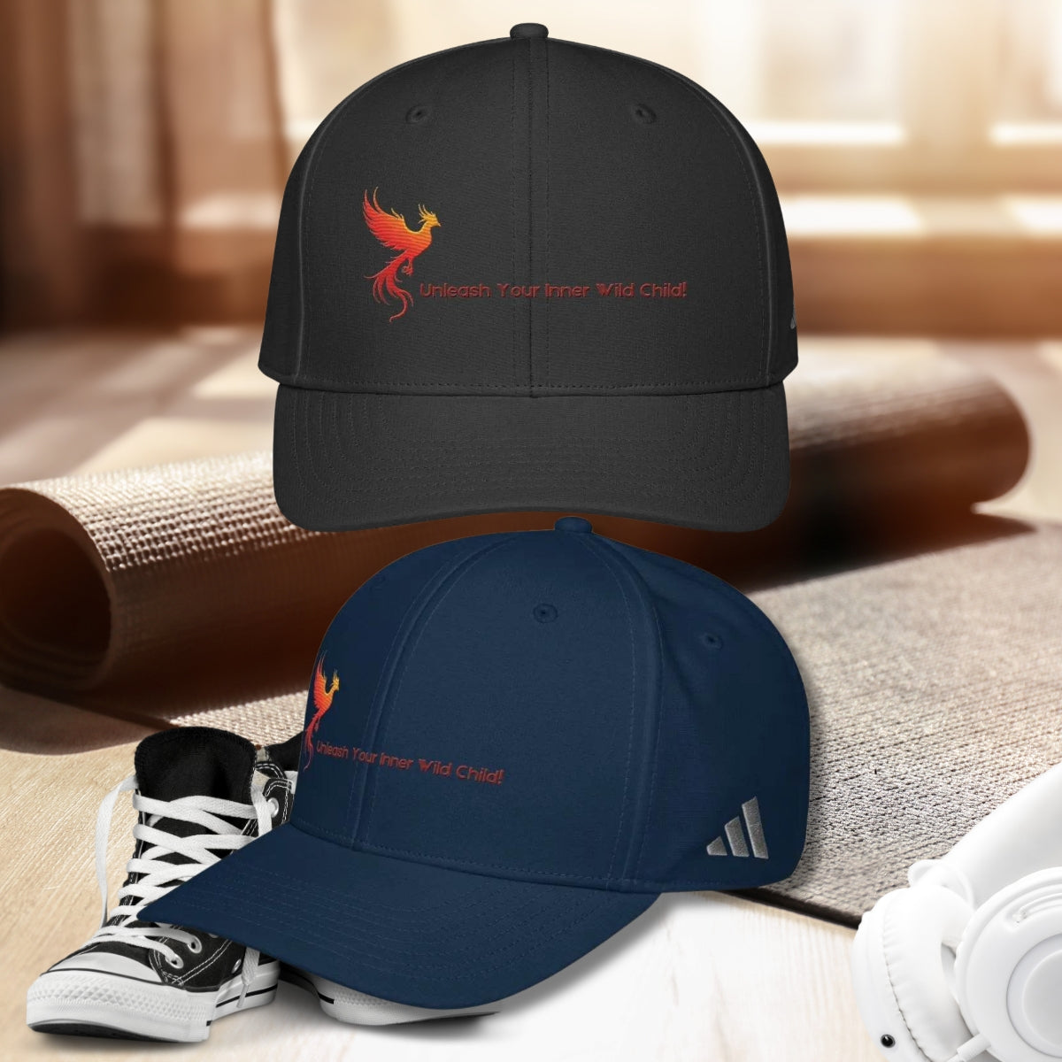 Iron Phoenix Hat in black with embroidered phoenix logo and 'Unleash Your Inner Wild Child' slogan, ideal for sun protection and gaming style.