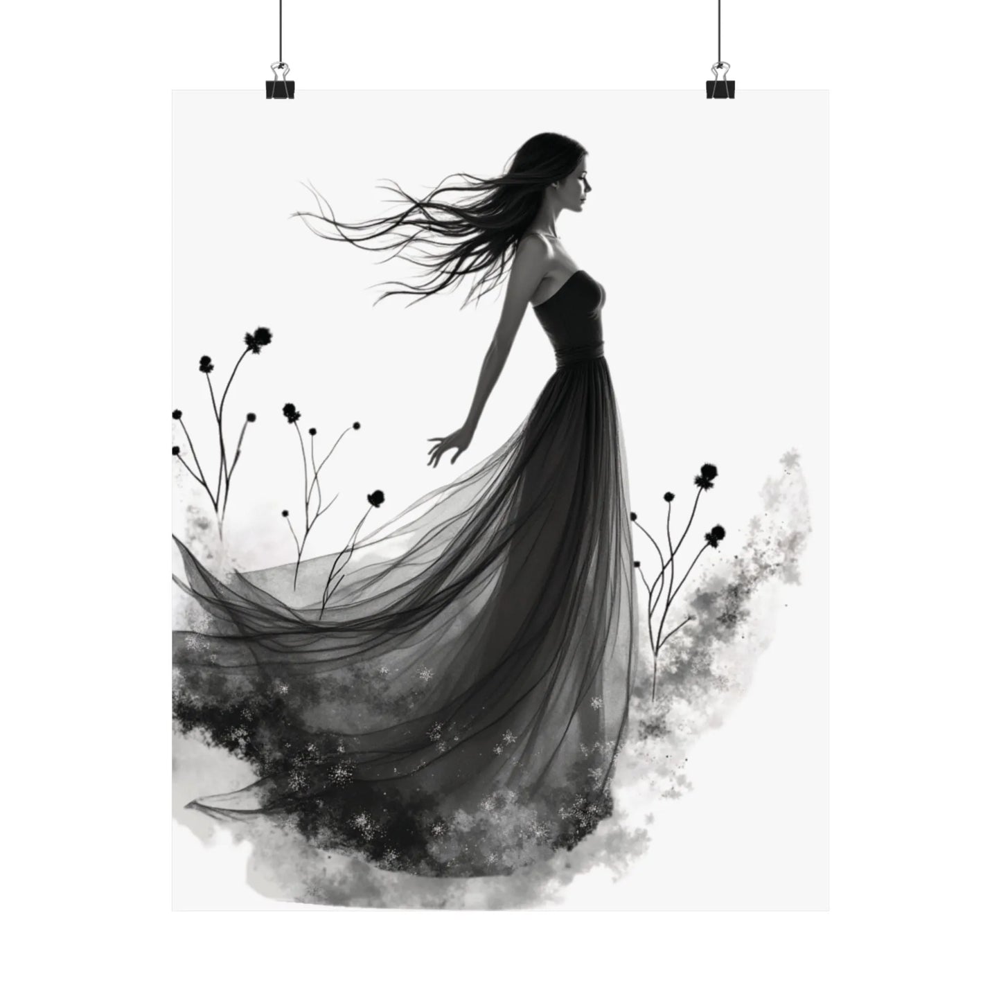 "Whispers of the Wind" - Elegant Black & White Satin Art Print - Wall Art - Iron Phoenix GHG