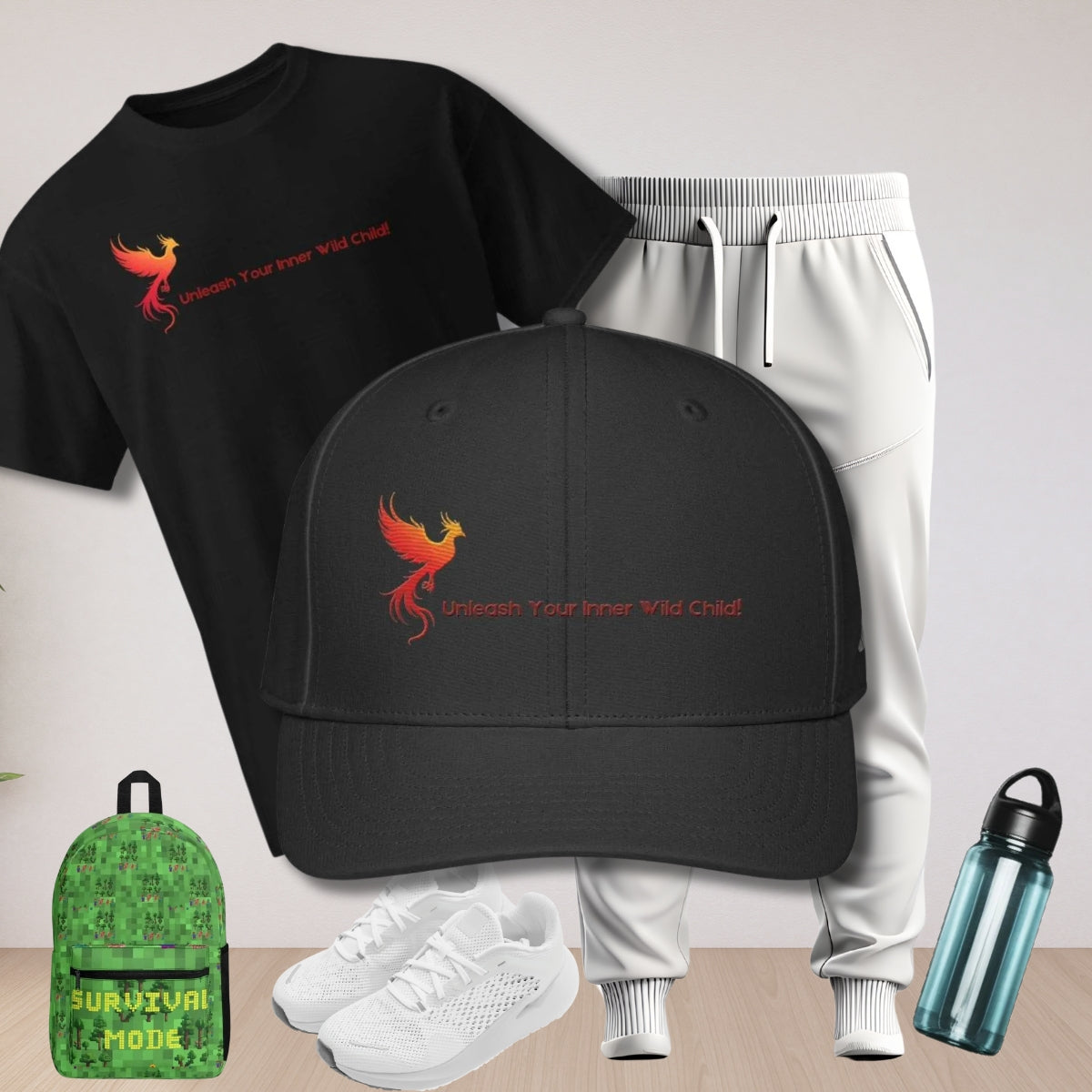Iron Phoenix Hat - Sun Protection, Sports | Gaming in black with red phoenix logo and 'Unleash Your Inner Wild Child' text, paired with sporty apparel.