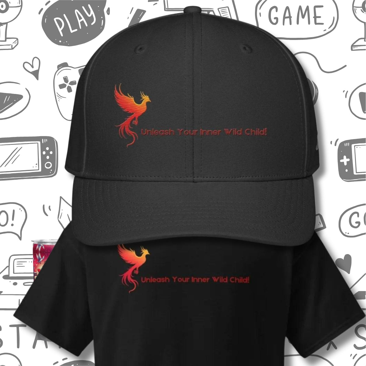 Iron Phoenix Hat - Sun Protection, Sports | Gaming in black with red phoenix logo and 'Unleash Your Inner Wild Child' text, ideal for gamers and athletes.