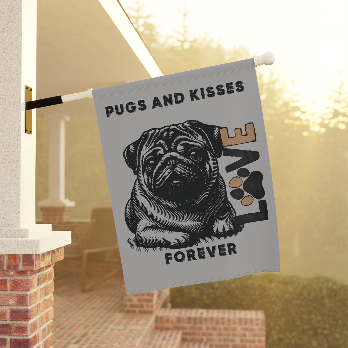 Pug Love Garden Banner, Outdoor Pet Decor, Dog Lover Gift, Dog-Themed Garden Flag, Cute Home & Garden Sign, Pugs and Kisses Decor - Iron Phoenix GHG