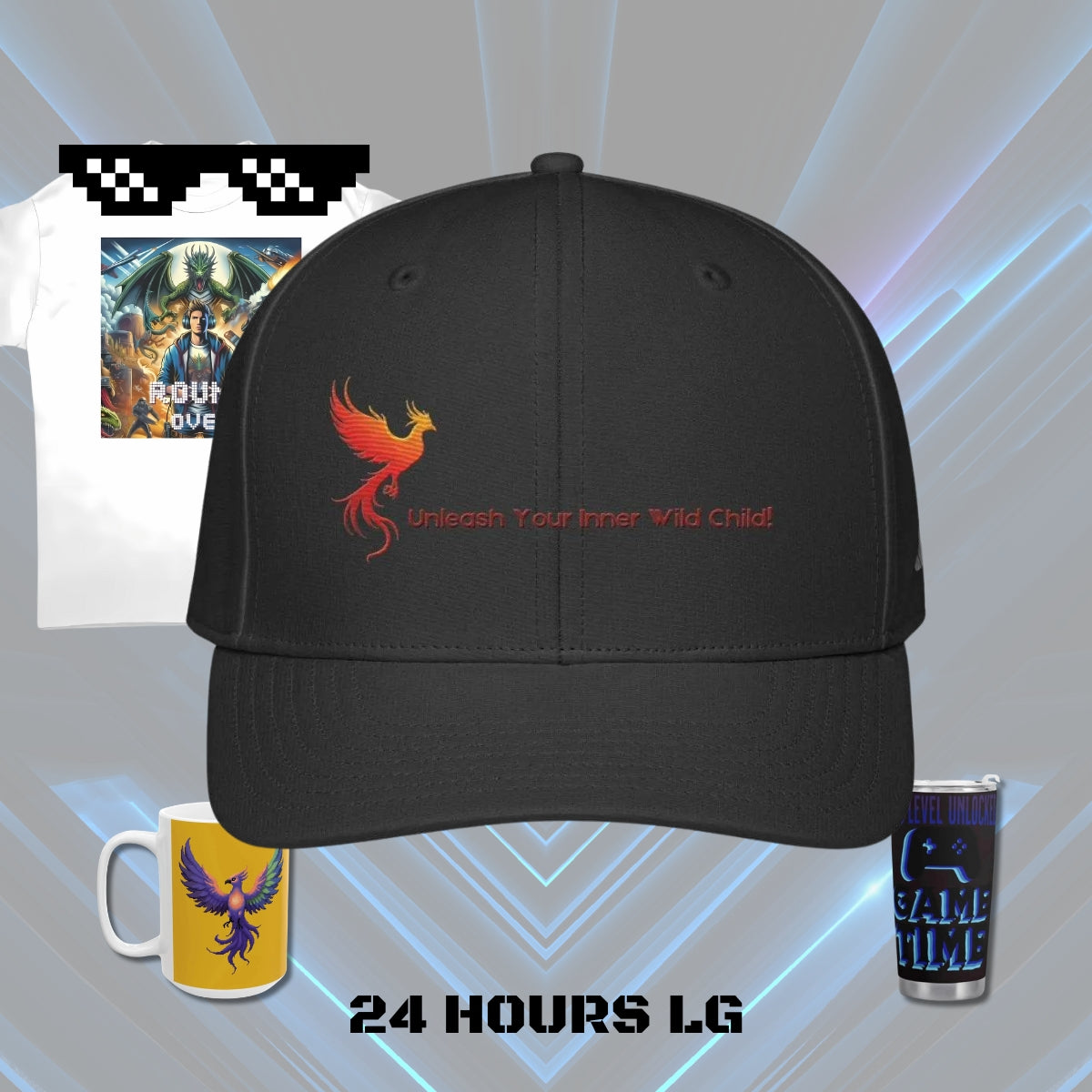 Iron Phoenix Hat - Sun Protection, Sports | Gaming with red phoenix logo and 'Unleash Your Inner Wild Child!' text, ideal for gamers and athletes.
