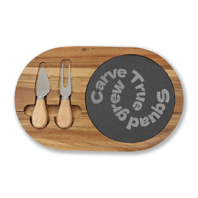 Engraved Acacia Charcuterie Board with Slate Round & Cheese Tools
