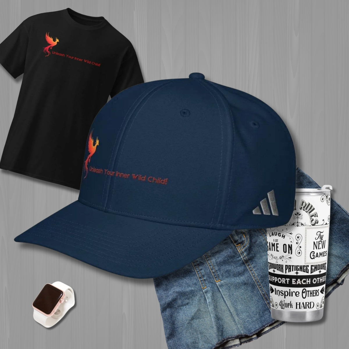 Iron Phoenix Hat - Sun Protection, Sports | Gaming in navy blue with embroidered phoenix logo and 'Unleash Your Inner Wild Child!' slogan, ideal for activewear.