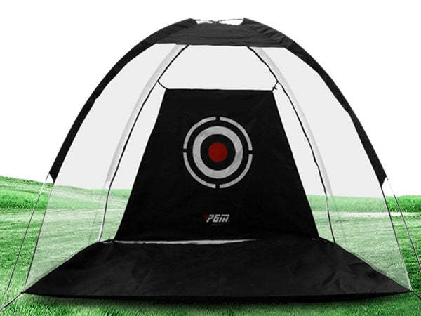 Golf practice net with target design on a grass background