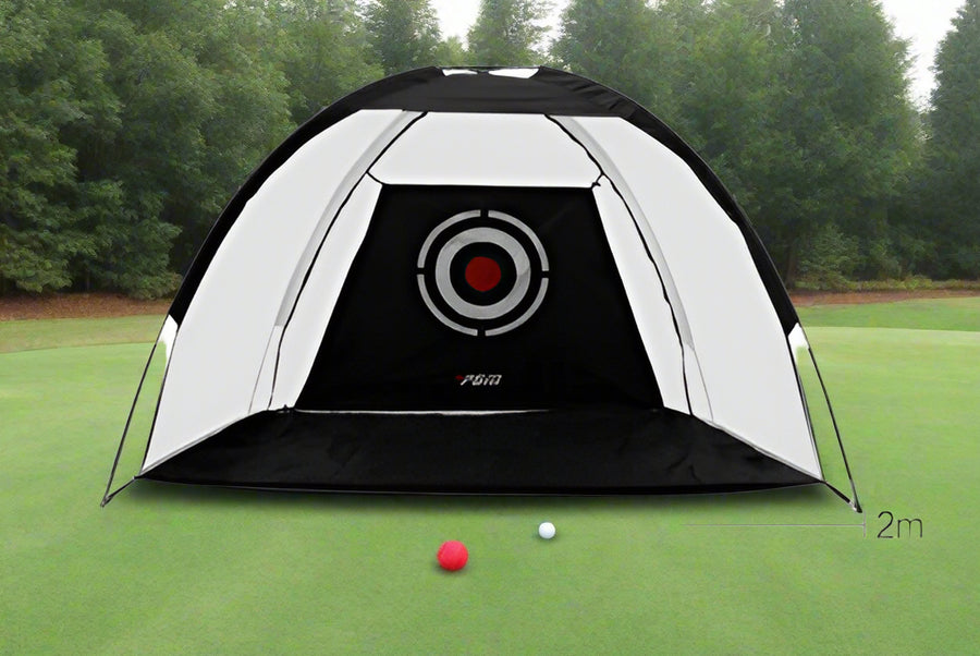 Golf practice net with dimensions on a white background