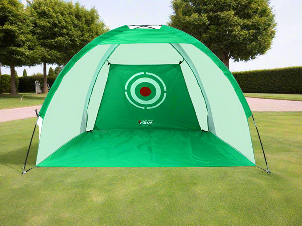 Green golf practice net with dimensions on a white background