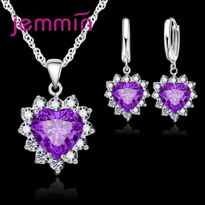 Top Sale Solid 925 Silver Color Wedding Engagement Anniversary Gift Jewelry Sets Heart Pendant Hoop Earrings for Women Girls - Iron Phoenix GHG