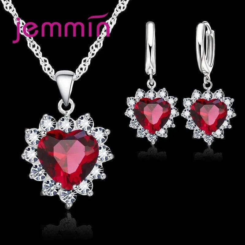 Top Sale Solid 925 Silver Color Wedding Engagement Anniversary Gift Jewelry Sets Heart Pendant Hoop Earrings for Women Girls - Iron Phoenix GHG