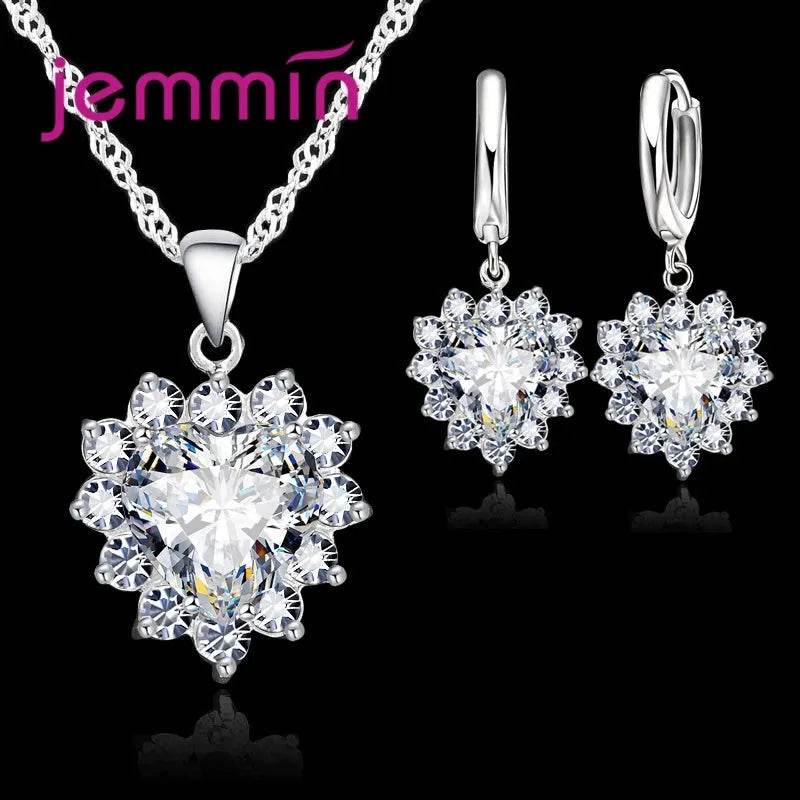 Top Sale Solid 925 Silver Color Wedding Engagement Anniversary Gift Jewelry Sets Heart Pendant Hoop Earrings for Women Girls - Iron Phoenix GHG