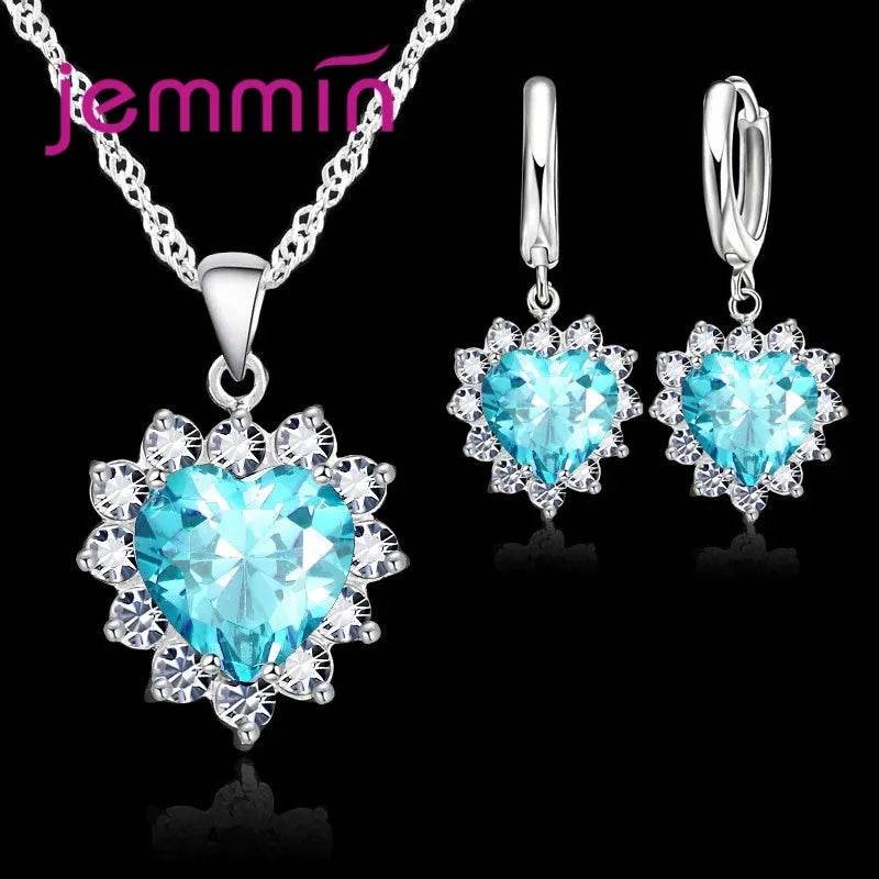 Top Sale Solid 925 Silver Color Wedding Engagement Anniversary Gift Jewelry Sets Heart Pendant Hoop Earrings for Women Girls - Iron Phoenix GHG