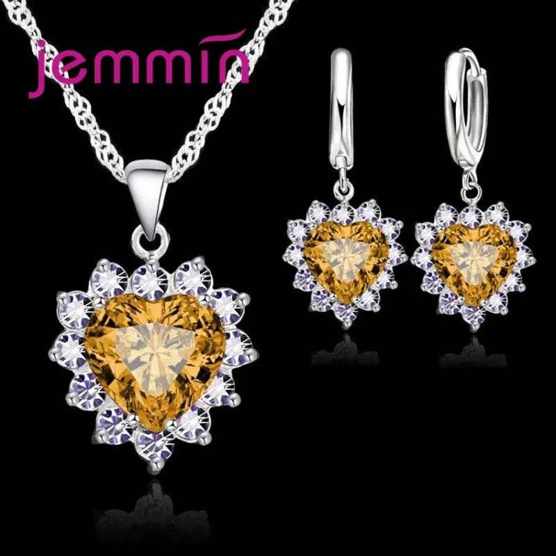 Top Sale Solid 925 Silver Color Wedding Engagement Anniversary Gift Jewelry Sets Heart Pendant Hoop Earrings for Women Girls - Iron Phoenix GHG