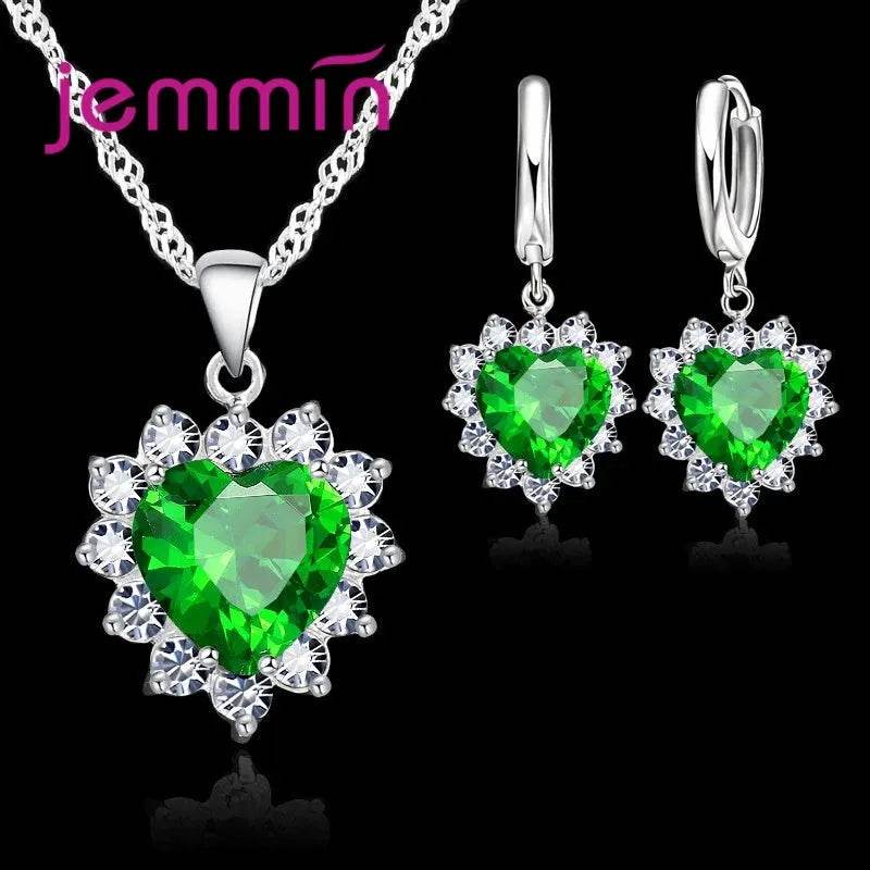 Top Sale Solid 925 Silver Color Wedding Engagement Anniversary Gift Jewelry Sets Heart Pendant Hoop Earrings for Women Girls - Iron Phoenix GHG