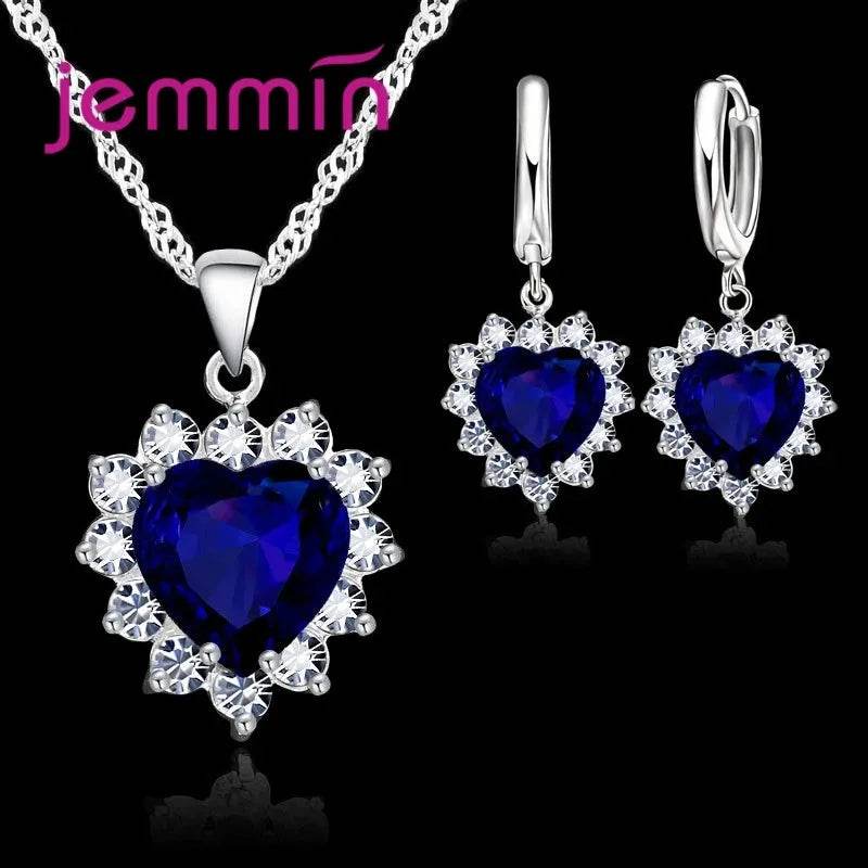 Top Sale Solid 925 Silver Color Wedding Engagement Anniversary Gift Jewelry Sets Heart Pendant Hoop Earrings for Women Girls - Iron Phoenix GHG