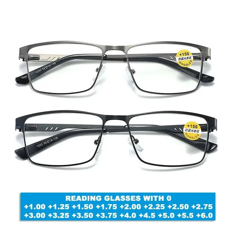 Men Square Metal Large Frame Reading Glasses Frame Men Elderly Presbyopia Glasses Blue Light Blocking Eye Protection Eyeglasses - Iron Phoenix GHG
