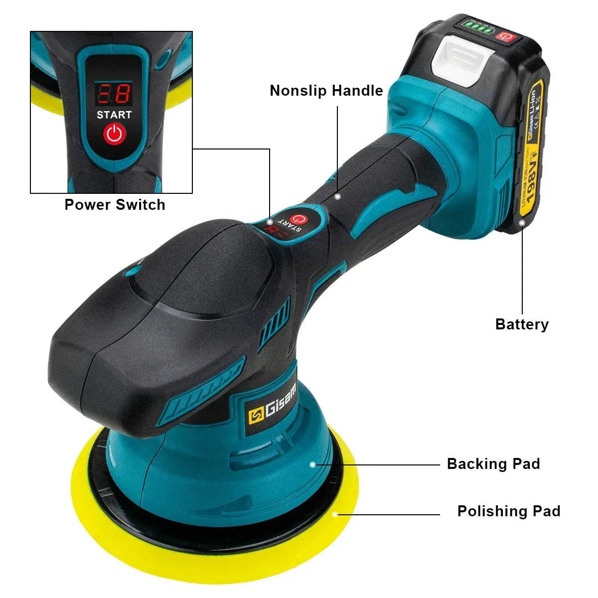Gisam Cordless Car Polisher – 8-Speed, 7000RPM, 18V Battery - Iron Phoenix GHG