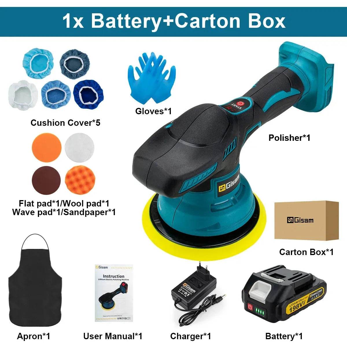 Gisam Cordless Car Polisher – 8-Speed, 7000RPM, 18V Battery - Iron Phoenix GHG
