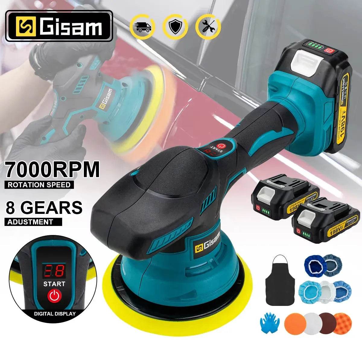 Gisam Cordless Car Polisher – 8-Speed, 7000RPM, 18V Battery - Iron Phoenix GHG