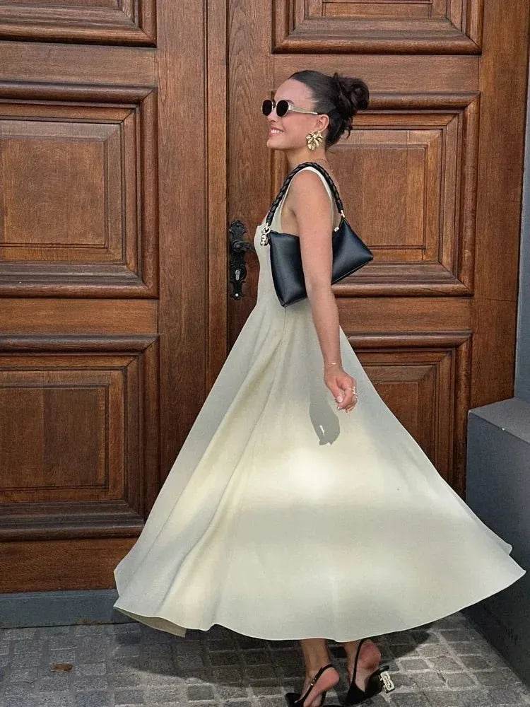 Elegant White High Waist A-line Dress - Square Neck - Iron Phoenix GHG