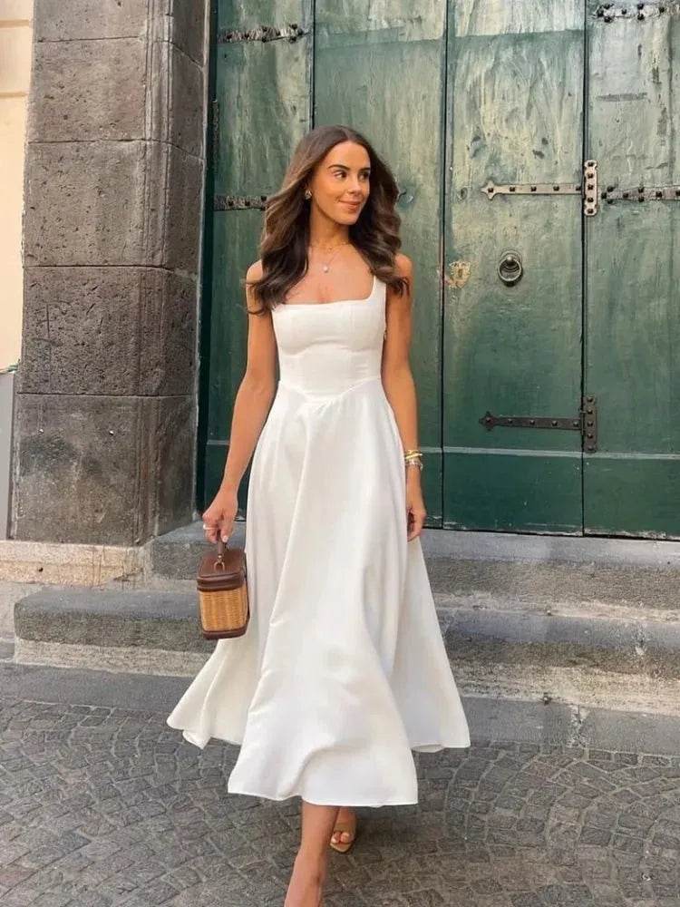 Elegant White High Waist A-line Dress - Square Neck - Iron Phoenix GHG