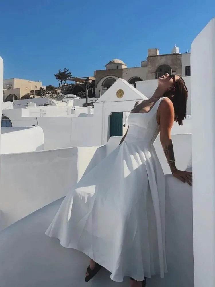 Elegant White High Waist A-line Dress - Square Neck - Iron Phoenix GHG