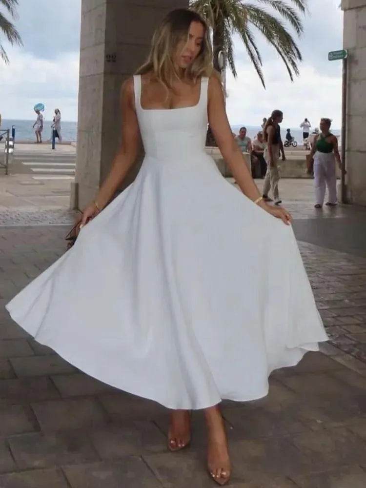 Elegant White High Waist A-line Dress - Square Neck - Iron Phoenix GHG