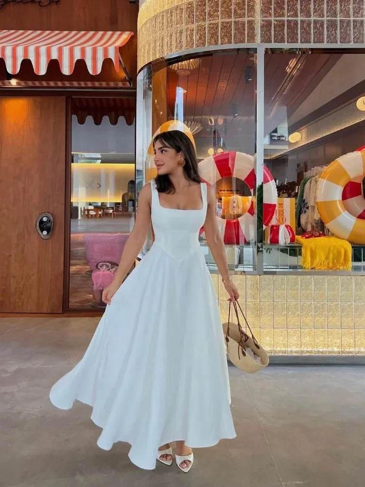 Elegant White High Waist A-line Dress - Square Neck - Iron Phoenix GHG