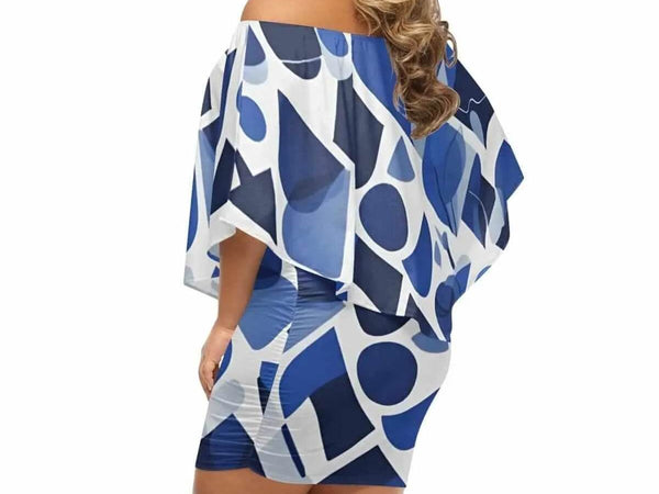 "Blue Abstract" Off-the-Shoulder Dress| Iron Phoenix GHG - Iron Phoenix GHG