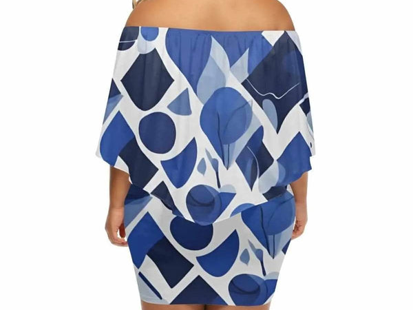 "Blue Abstract" Off-the-Shoulder Dress| Iron Phoenix GHG - Iron Phoenix GHG