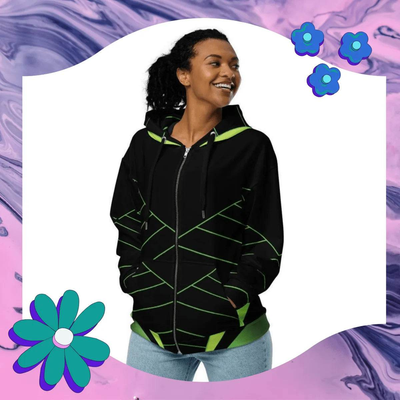 "Neon Grid" Off-center Unisex Zip Hoodie | Iron Phoenix - Iron Phoenix GHG