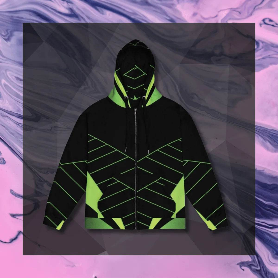 "Neon Grid" Off-center Unisex Zip Hoodie | Iron Phoenix - Iron Phoenix GHG
