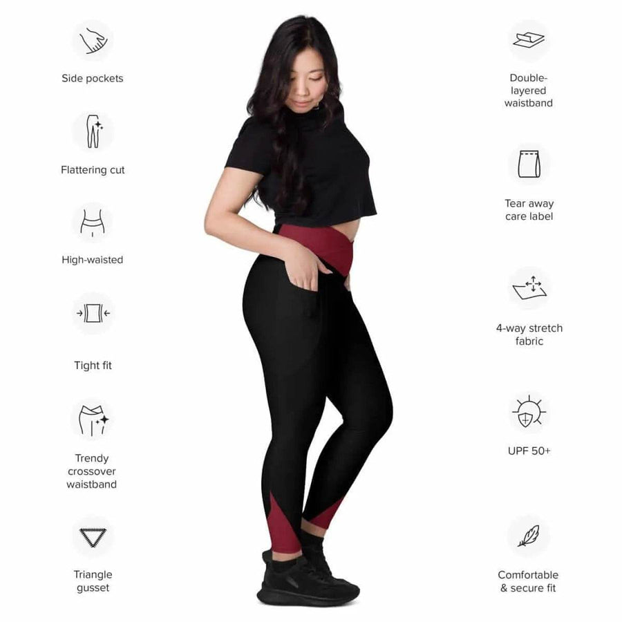 Maroon | Black Crossover Leggings with Pockets | Iron Phoenix - Iron Phoenix GHG