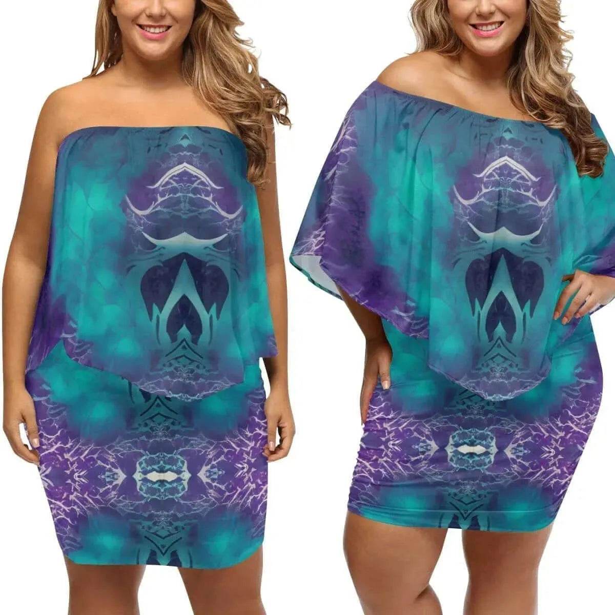 Off-The-Shoulder Wrap Dress - Teal Purple Chic - Iron Phoenix GHG