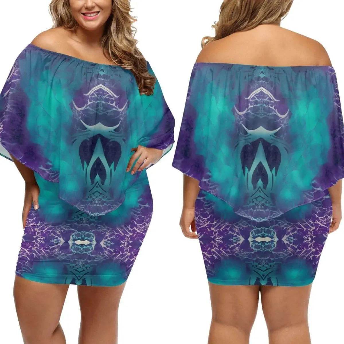 Off-The-Shoulder Wrap Dress - Teal Purple Chic - Iron Phoenix GHG