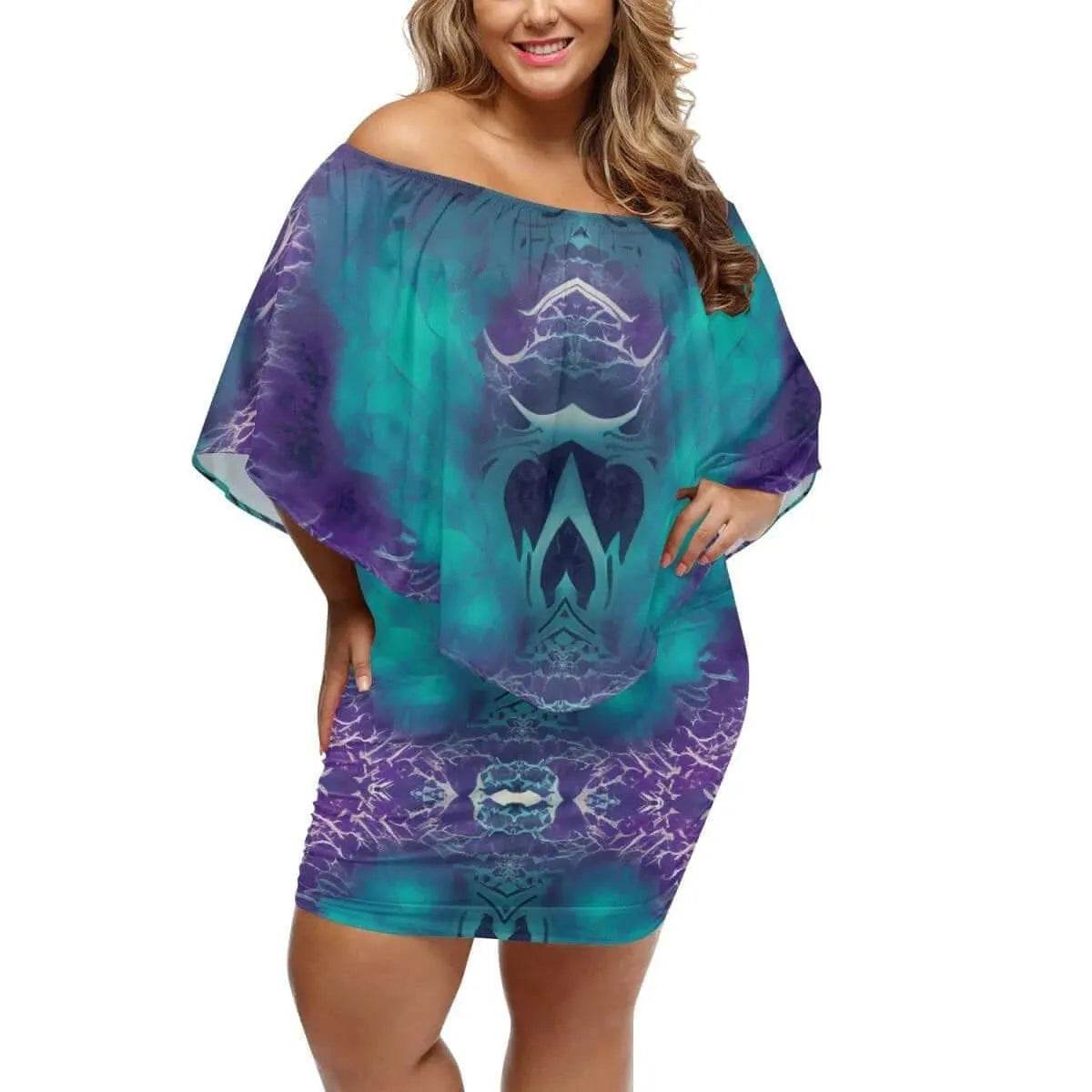 Off-The-Shoulder Wrap Dress - Teal Purple Chic - Iron Phoenix GHG