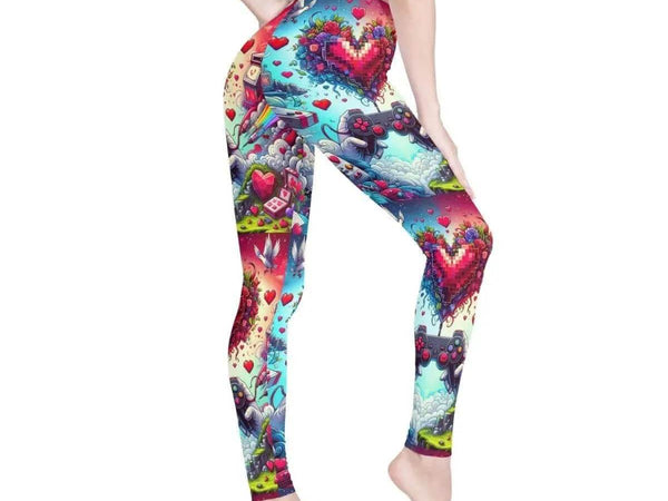Gamer Heart Print Leggings | Love Gaming Yoga Tights - Iron Phoenix GHG