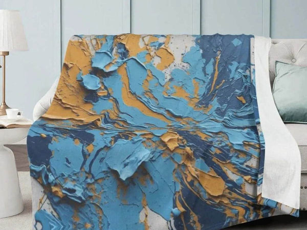Textured Paint Blanket | Blue Orange Abstract Fleece Throw - Iron Phoenix GHG