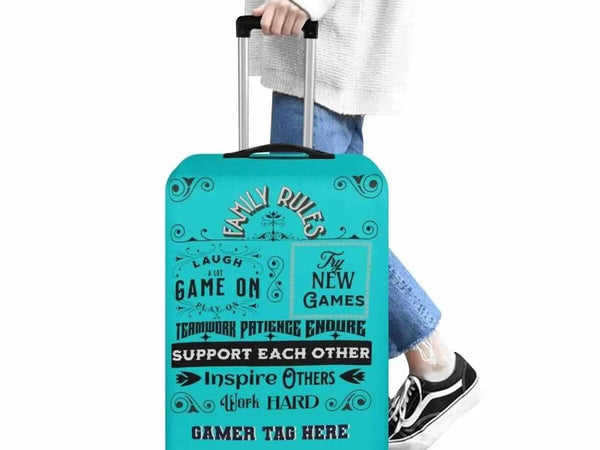 Teal Gamer Luggage Cover | Family Rules Travel Protector - Iron Phoenix GHG