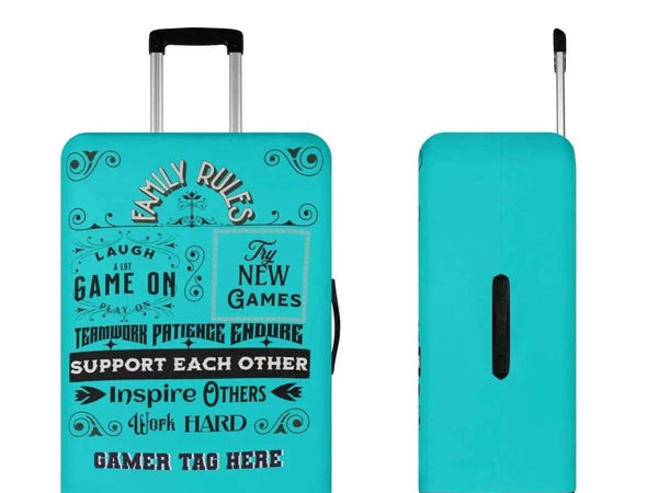 Teal Gamer Luggage Cover | Family Rules Travel Protector - Iron Phoenix GHG