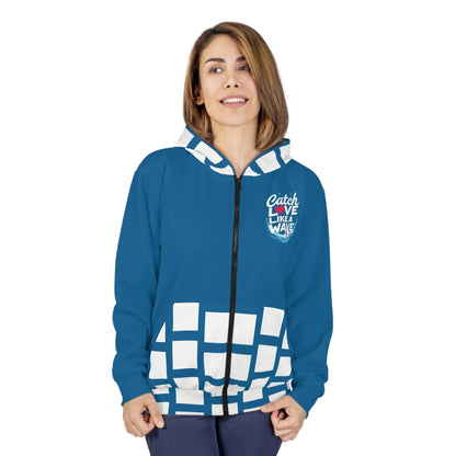 Surfing Blue and White Valentine Love Unisex Zip Hoodie, Beach Lover Gift, Romantic Sweatshirt, Ocean Inspired Jacket, Coastal Apparel
