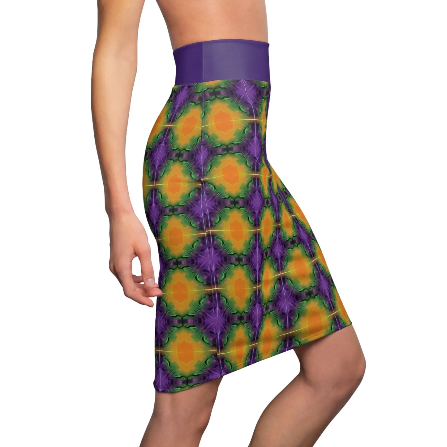 Purple and Yellow Women's Pencil Skirt, Relaxed Vibe Summer Fashion, Casual Office Wear, Stretchy Bodycon Skirt, Comfy Work Attire, Fun
