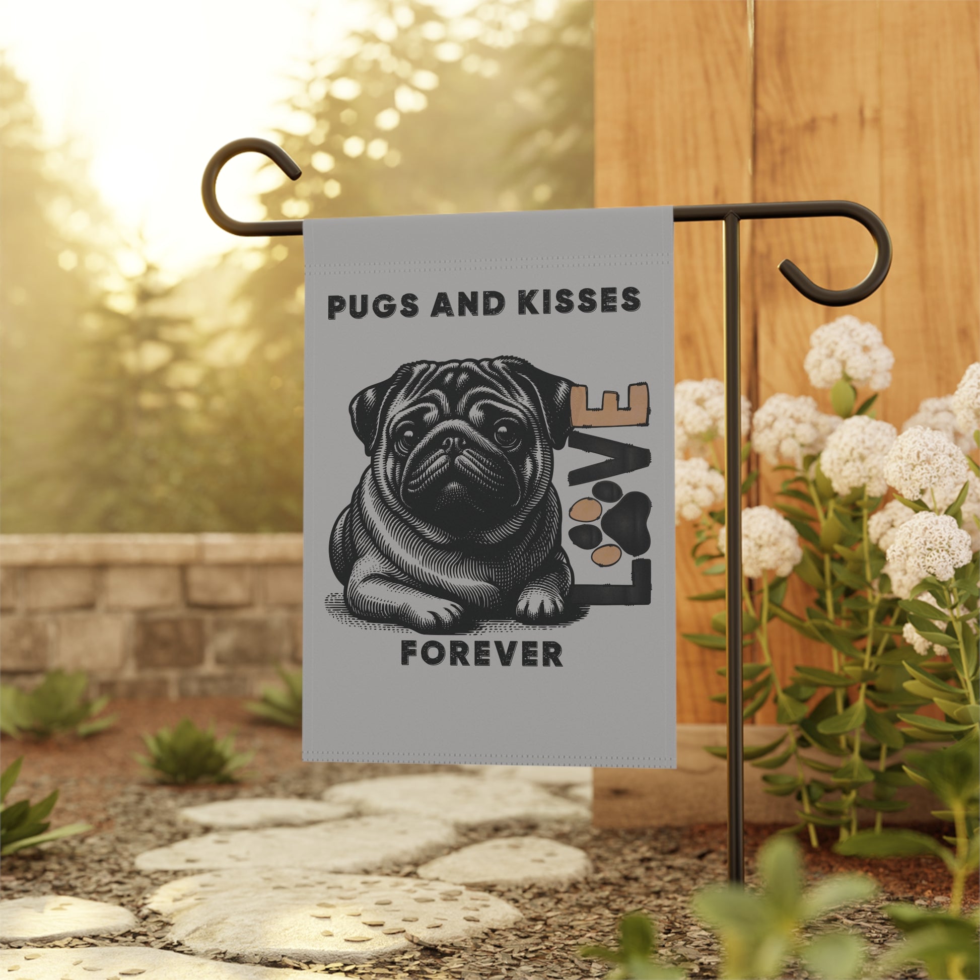 Pug Love Garden Banner, Outdoor Pet Decor, Dog Lover Gift, Dog-Themed Garden Flag, Cute Home & Garden Sign, Pugs and Kisses Decor - Iron Phoenix GHG