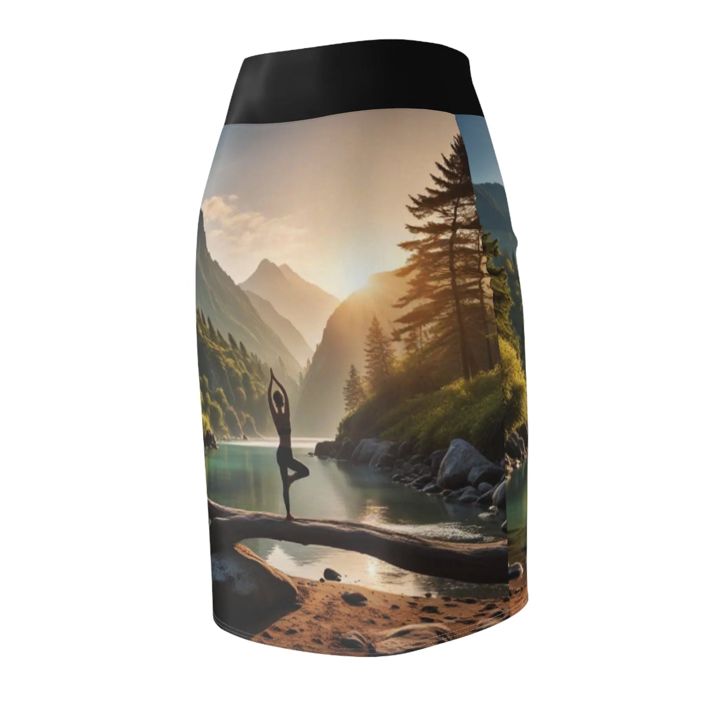 Yoga Lake Scene Pose Women's Pencil Skirt, Workout Skirt, Fitness Skirt, Active Wear, Stretchy Skirt