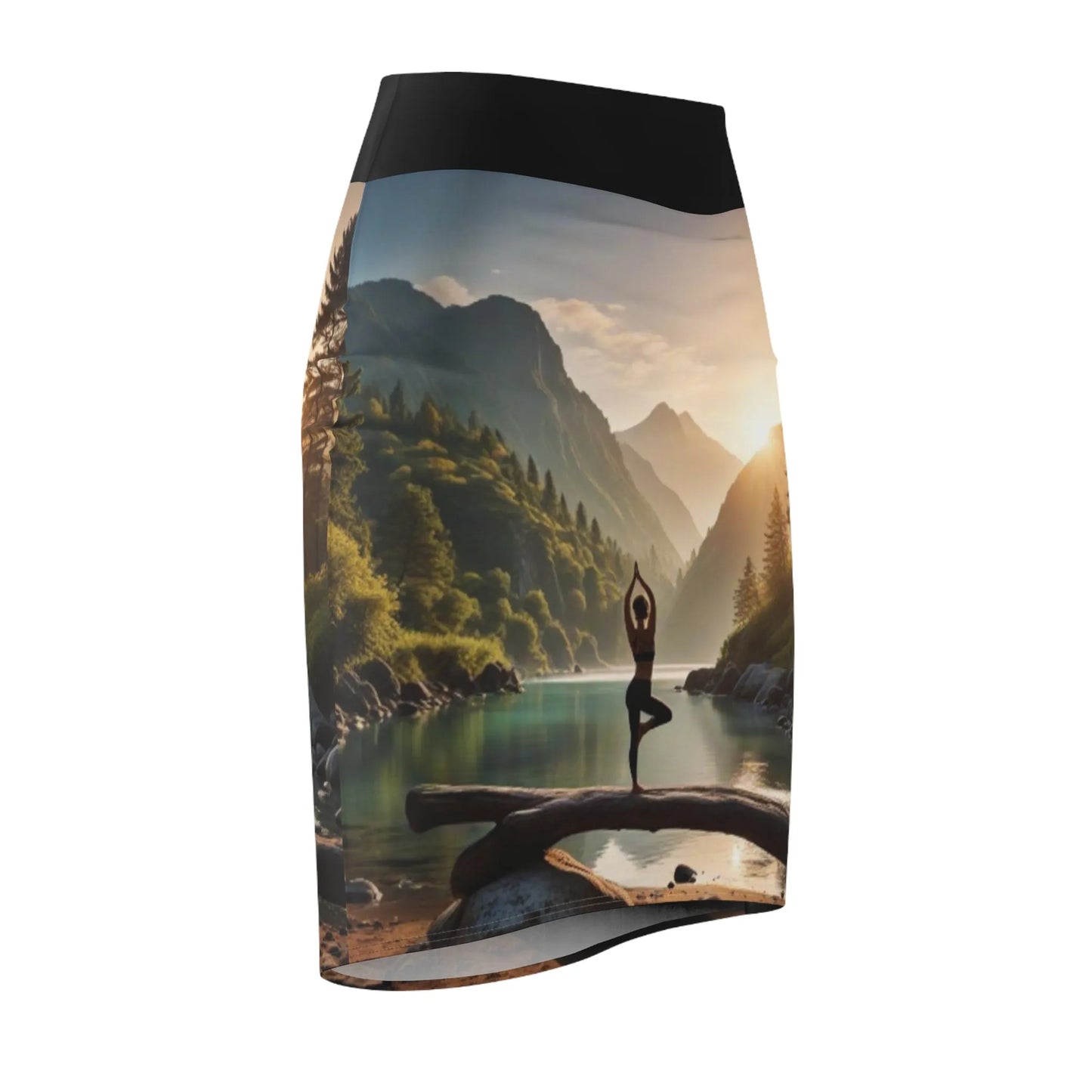 Yoga Lake Scene Pose Women's Pencil Skirt, Workout Skirt, Fitness Skirt, Active Wear, Stretchy Skirt