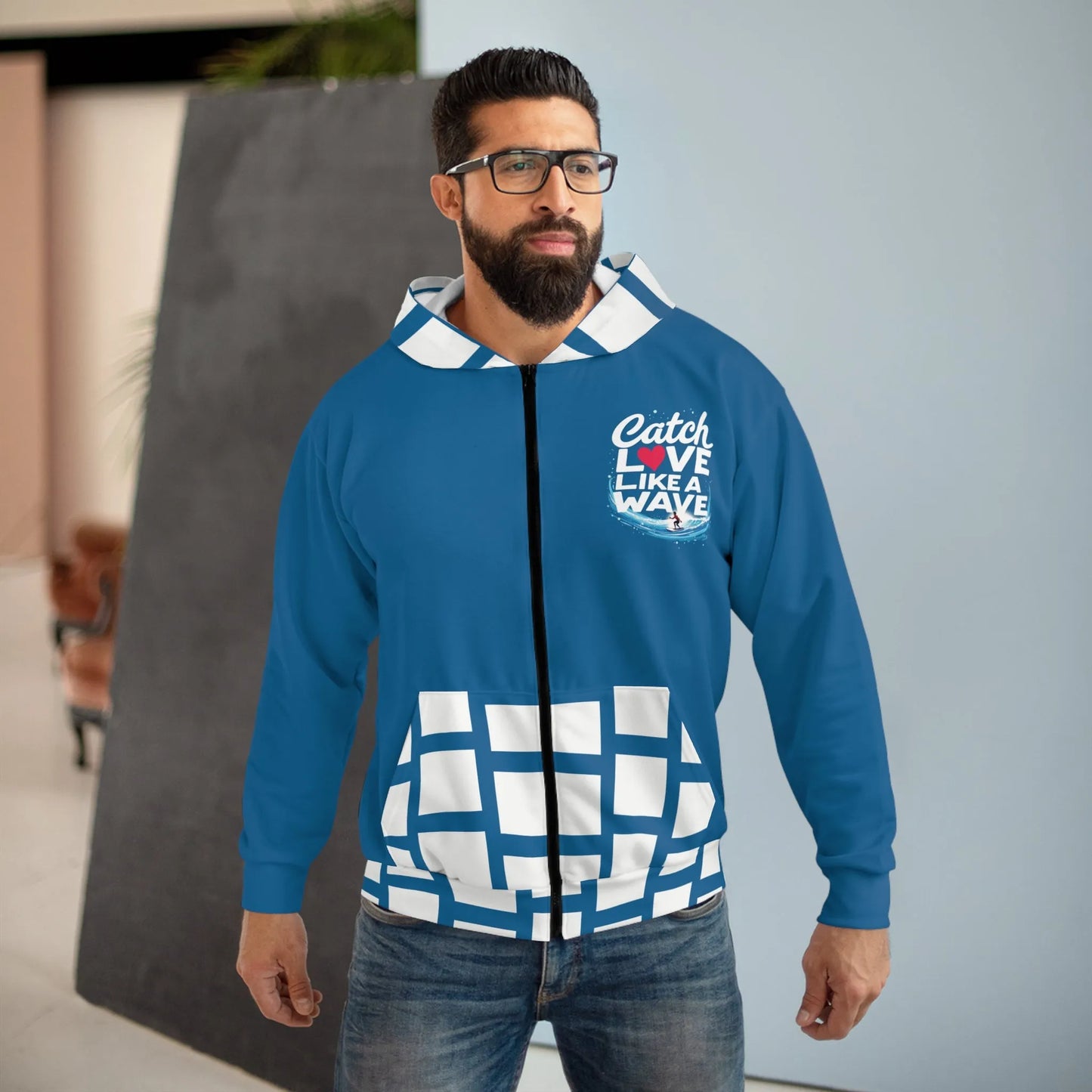 Surfing Blue and White Valentine Love Unisex Zip Hoodie, Beach Lover Gift, Romantic Sweatshirt, Ocean Inspired Jacket, Coastal Apparel