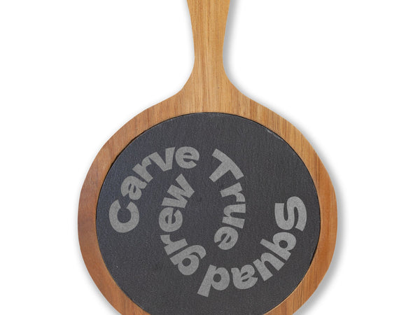 Engraved Acacia Charcuterie Board with Slate Round & Cheese Tools